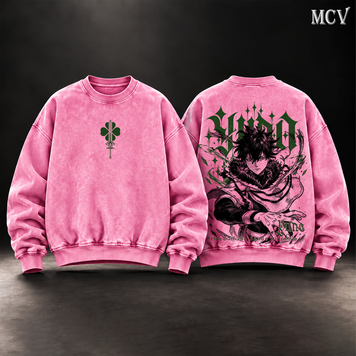 Yuno Black Clover Vintage Washed Oversized Sweatshirt, Double-Sided Anime Graphic Crewneck, Prince of the Spade Kingdom Design, Green Four Leaf Clover Emblem, Retro 90s Y2K Streetwear, Unisex Black Clover Fan Gift