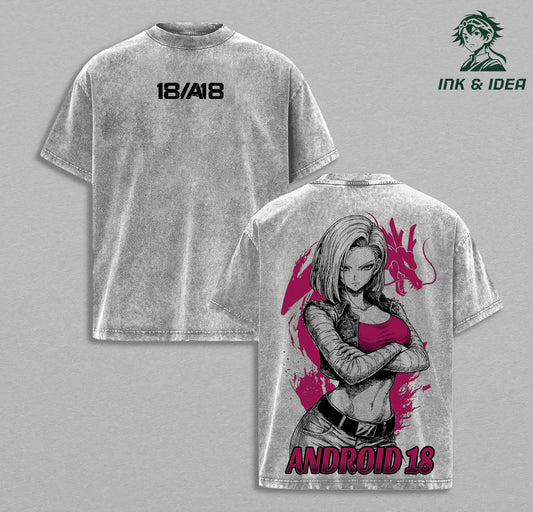Android 18 DBZ Vintage Washed Oversized Anime Shirt, Strong Waifu Pink Aesthetic Graphic Tee, Heavyweight Cotton Streetwear, Unisex Gift