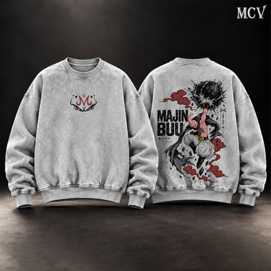 Majin Buu Dragon Ball Z Vintage Washed Oversized Sweatshirt, Double-Sided Kid Buu Anime Graphic Crewneck, Pure Chaos Planet Destruction Artwork, Retro 90s Y2K Streetwear, Unisex DBZ Fan Gift