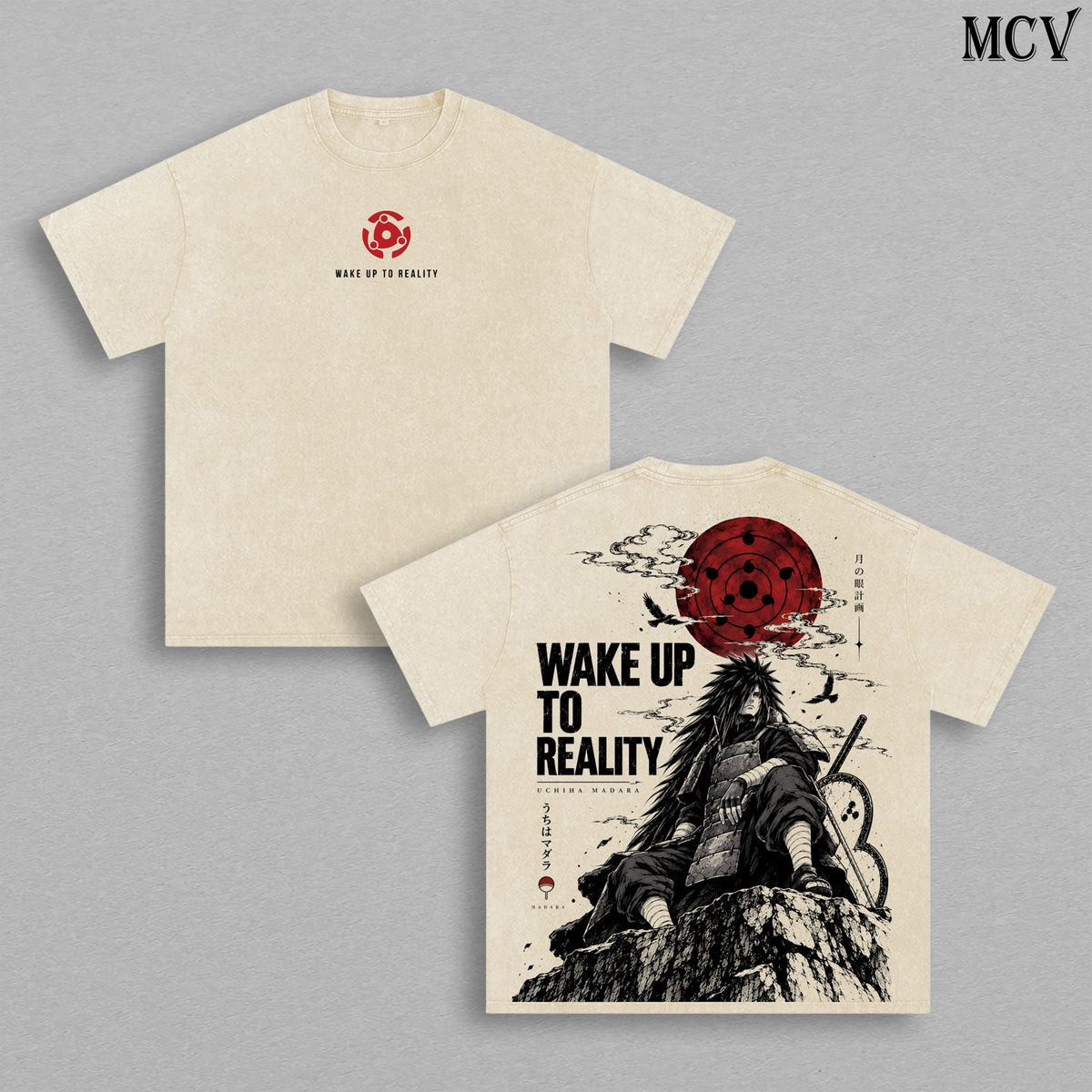 Madara Uchiha Naruto Shippuden Vintage Washed Oversized T-Shirt, Double-Sided Wake Up to Reality Anime Graphic Tee, Red Sharingan Moon Design, Retro 90s Y2K Streetwear, Unisex Naruto Fan Gift