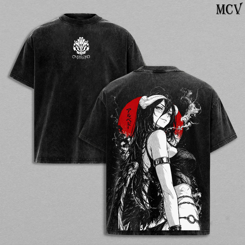 Albedo Overlord Tee – Albedo Vintage Washed T-Shirt | Guardian Overseer | Queen of Nazarick Anime Manga Graphic Tee | Heavyweight Cotton Unisex Oversized Streetwear Top