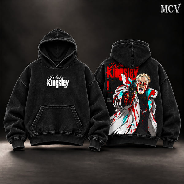 Weak Kingsley Cyberpunk Edgerunners Vintage Washed Oversized Hoodie, Double-Sided Anime Graphic Pullover, Cybernetic Gunfighter Character Design, Futuristic Night City Artwork, Retro Y2K Streetwear, Unisex Cyberpunk Fan Gift