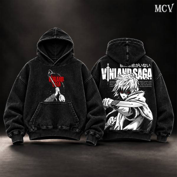 Thorfinn Vinland Saga Vintage Washed Oversized Hoodie, Double-Sided Anime Graphic Pullover, I Have No Enemies Viking Warrior Manga Design, Retro 90s Y2K Streetwear, Unisex Vinland Saga Fan Gift