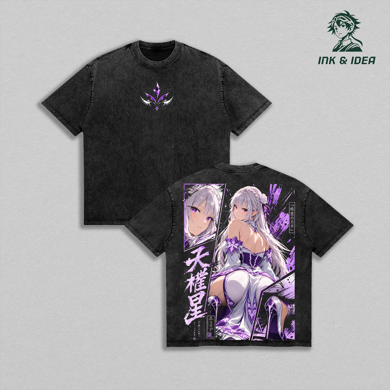 Emilia Half-Elf Princess Re:Zero Vintage Washed T-Shirt, Spirit Arts Purple Floral Anime Back Print Tee, Oversized Heavy Cotton Gym Streetwear, Unisex Isekai Manga Fan Gift