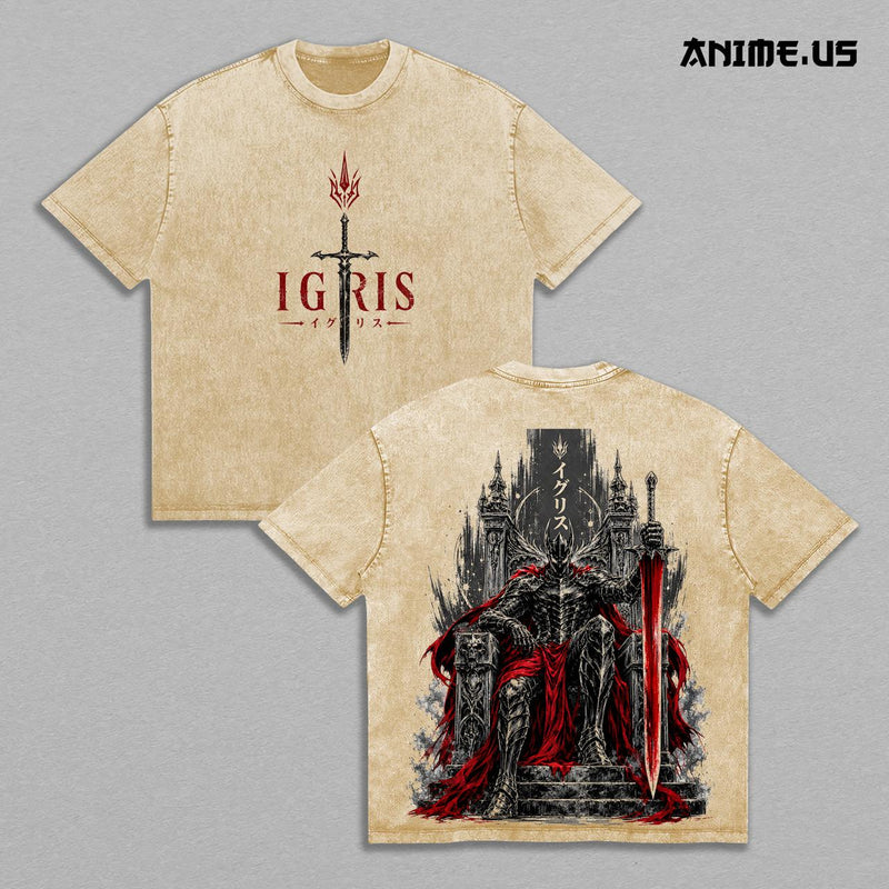 Igris Solo Leveling Shadow Knight Vintage Washed Anime Shirt, Dark Throne Giant Sword Loyal Commander Gothic Fantasy Graphic Tees Men Large Back Print Streetwear