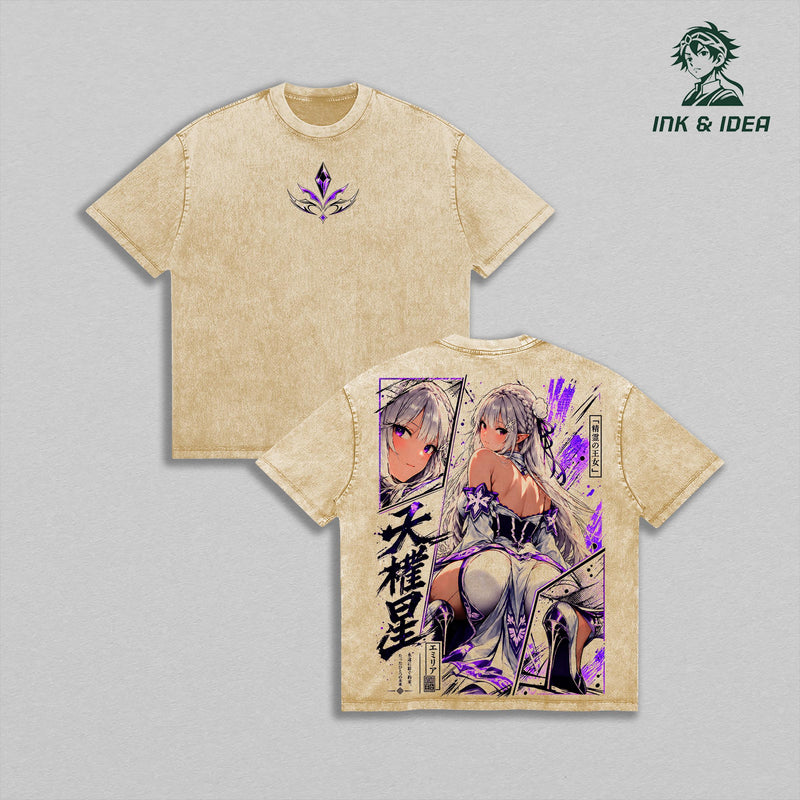 Emilia Half-Elf Princess Re:Zero Vintage Washed T-Shirt, Spirit Arts Purple Floral Anime Back Print Tee, Oversized Heavy Cotton Gym Streetwear, Unisex Isekai Manga Fan Gift