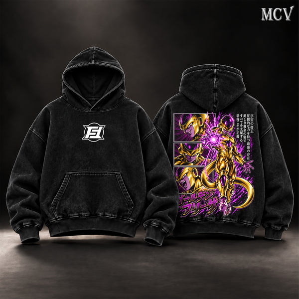 Golden Frieza Dragon Ball Z Vintage Washed Oversized Hoodie, Double-Sided Anime Graphic Pullover, Frieza Golden Form Purple Energy Power Artwork, Retro 90s Y2K Streetwear, Unisex Dragon Ball Super Fan Gift
