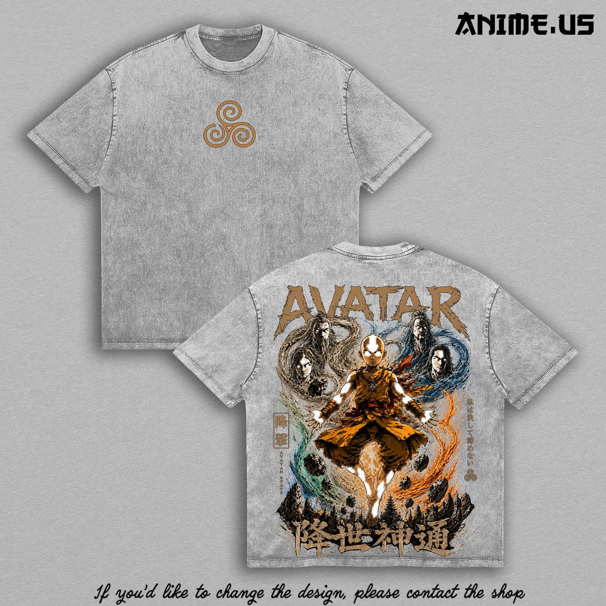 Aang Avatar Four Elements Avatar The Last Airbender State Vintage Washed Oversized T-Shirt Heavyweight Cotton Anime Graphic Tee