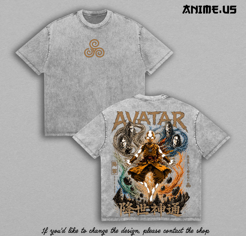 Aang Avatar Four Elements Avatar The Last Airbender State Vintage Washed Oversized T-Shirt Heavyweight Cotton Anime Graphic Tee