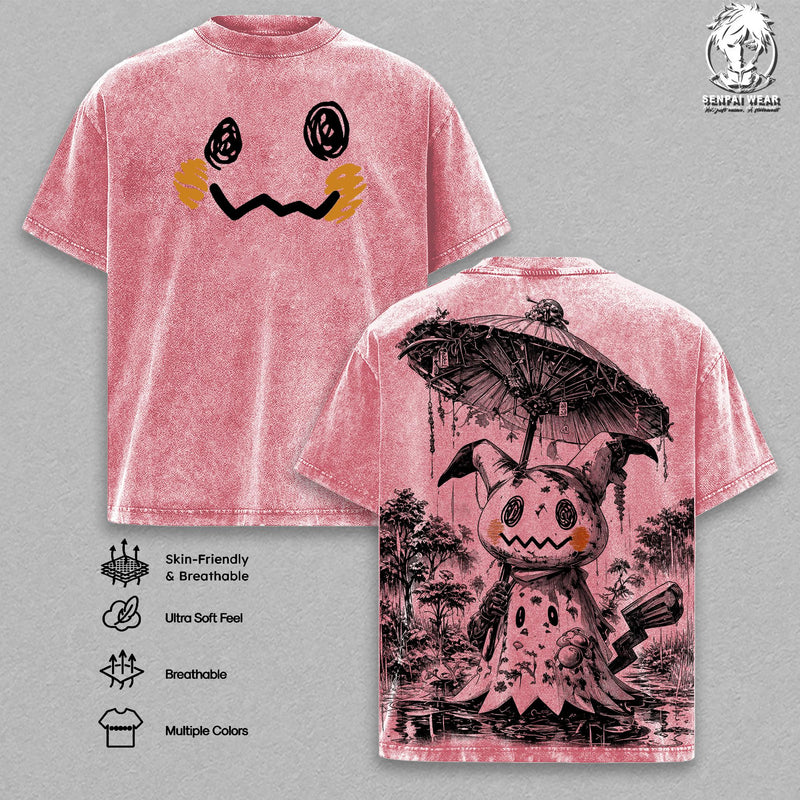 Mimikyu Graphic Tee Pokémon Vintage Washed Shirt Ghost Fairy Pocket Monster T-Shirt Unisex Streetwear Pokémon Tee Soft Cotton Top Outfit for Men Gift for Anime Fans