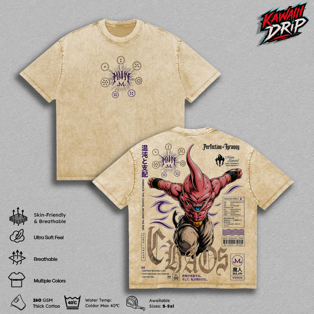 Majin Buu DBZ Vintage Washed T-Shirt, Majin Kid Buu Chaos Graphic Tee, DBZ Villain Anime Streetwear Shirt, Oversized Heavy Cotton Unisex Manga Tee, DBZ Fan Gift for Men & Women