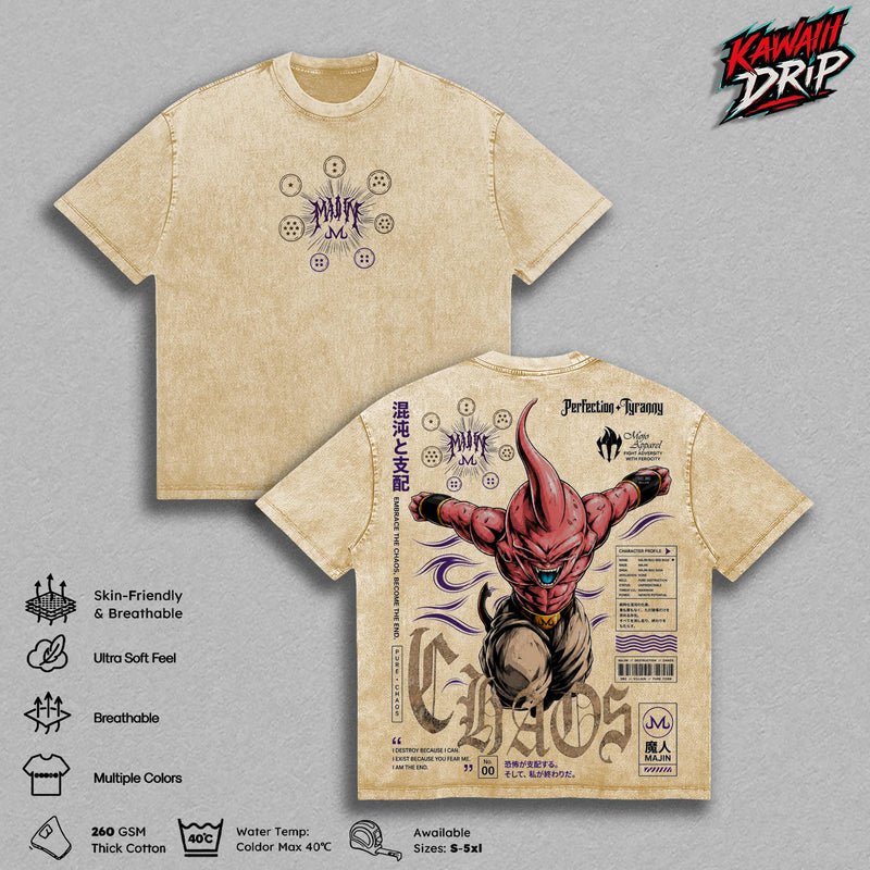 Majin Buu DBZ Vintage Washed T-Shirt, Majin Kid Buu Chaos Graphic Tee, DBZ Villain Anime Streetwear Shirt, Oversized Heavy Cotton Unisex Manga Tee, DBZ Fan Gift for Men & Women