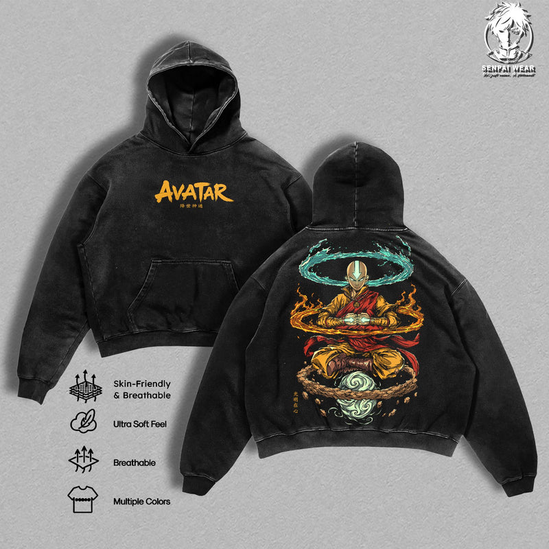 Aang - Avatar The Last Airbender Graphic Tee Vintage Washed Shirt Unisex Streetwear Animation Merch Airbender Tee Master of All Elements T-Shirt Gift for Cartoon Fans