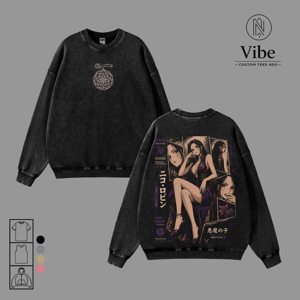 Nico Robin One Piece Anime Double Printed Vintage Washed Tee Unisex Oversize Anime Manga Washed Heavyweight Cotton T-shirt, Tank Top, Sweatshirt, Hoodie
