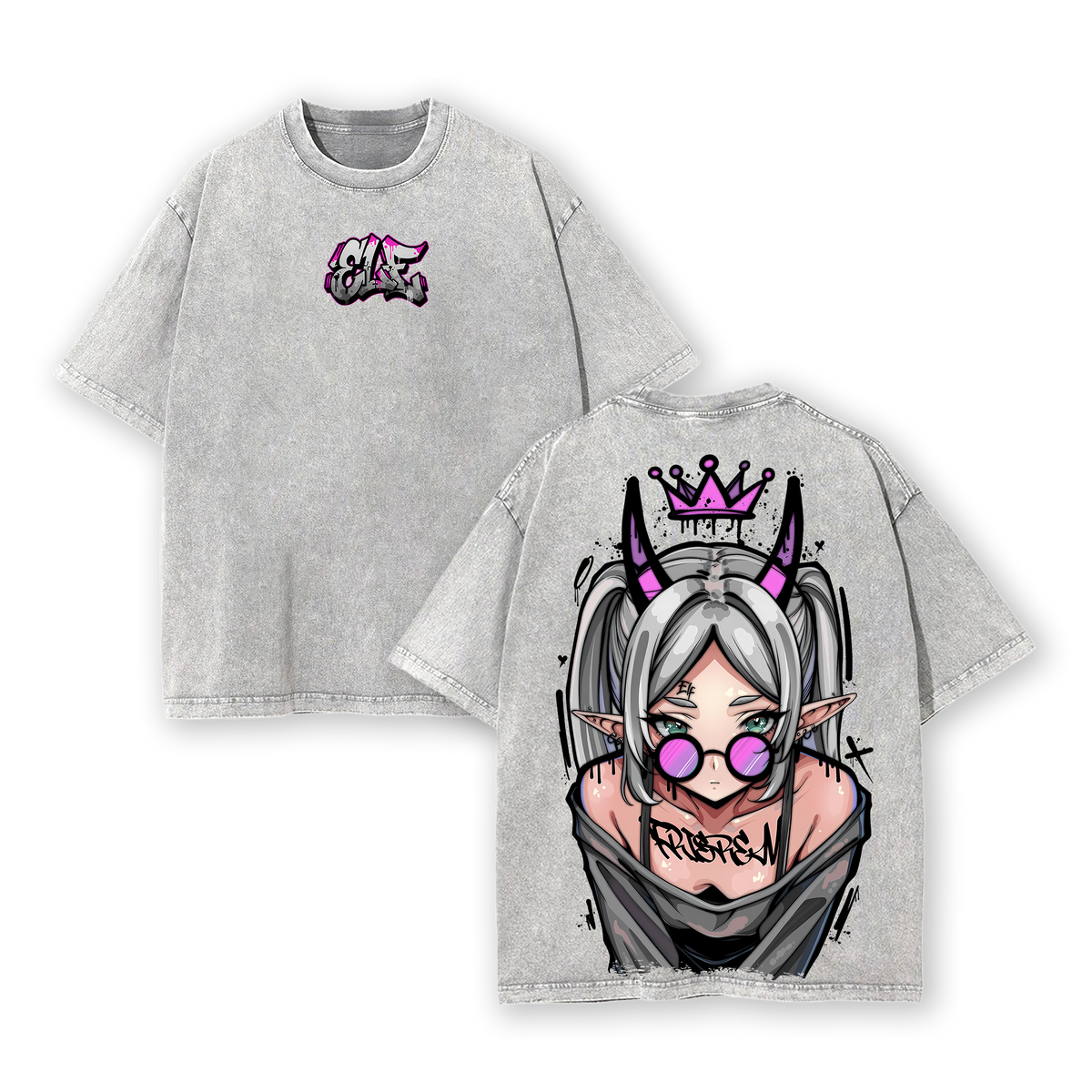 Frieren Streetwear Vintage Washed Anime T-Shirt | Demon Elf Girl Purple Crown Graphic Tee