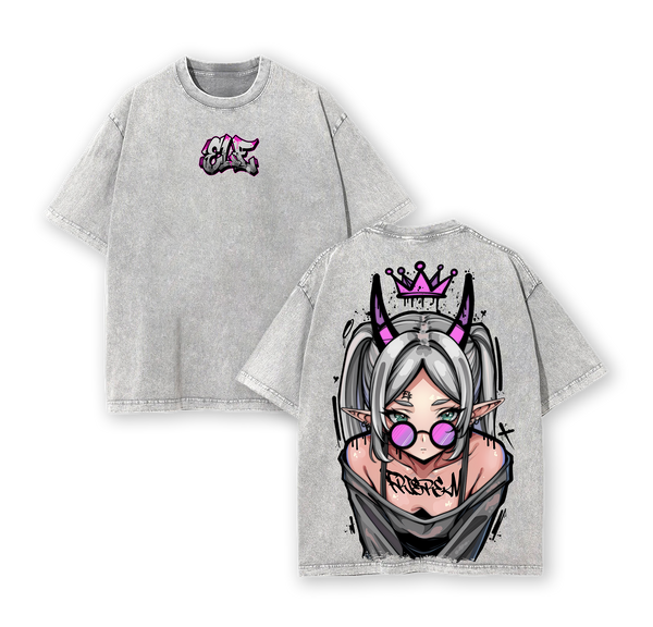 Frieren Streetwear Vintage Washed Anime T-Shirt | Demon Elf Girl Purple Crown Graphic Tee
