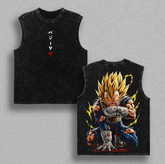 Saiyan Prince Golden Warrior Vintage Washed Oversized Tee, Super Power Anime Fighter Heavyweight Cotton Streetwear Graphic Shirt