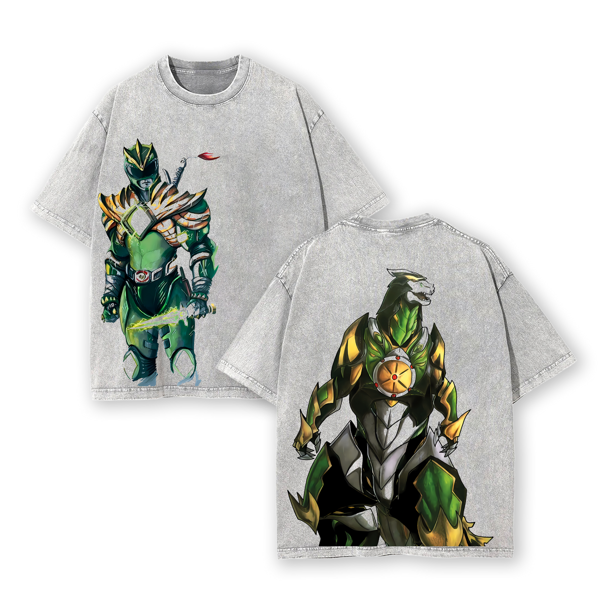 Green Ranger x Dragonzord Mighty Morphinn Power Rangers Edition Double Printed Oversize Lightweight Acid Washed Tee