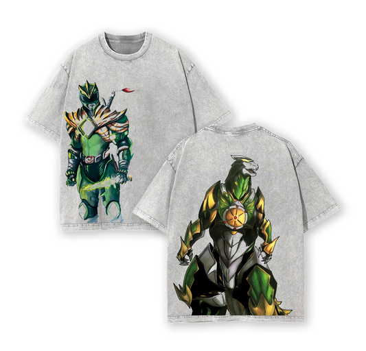 Green Ranger x Dragonzord Mighty Morphinn Power Rangers Edition Double Printed Oversize Lightweight Acid Washed Tee