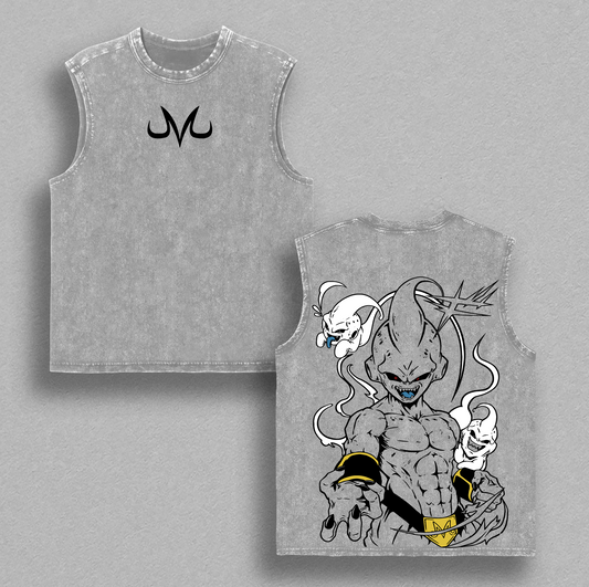 Majin Buu Vintage Washed T-Shirt, DBZ Majin Double Printed Graphic Tee, Oversized Unisex Streetwear, Soft Cotton Top Outfit for Men, Casual Menswear Gift for Anime Fans