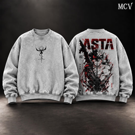 Asta Black Clover Vintage Washed Oversized Sweatshirt, Double-Sided Anti Magic Anime Graphic Crewneck, Demon Form Asta Sword Artwork, Retro 90s Y2K Streetwear, Unisex Black Clover Fan Gift