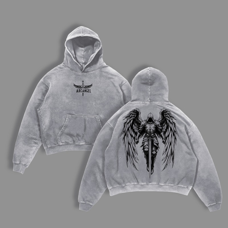 Arcangel Saint Michael T-Shirt, Sweatshirt, Hoodie Washed - Holy Warrior Angel Graphic Shirt, Sword and Wings Vintage Washed Top, Christian Gothic Streetwear Outfit Church - Gym Pump Cover Jesus Apparel