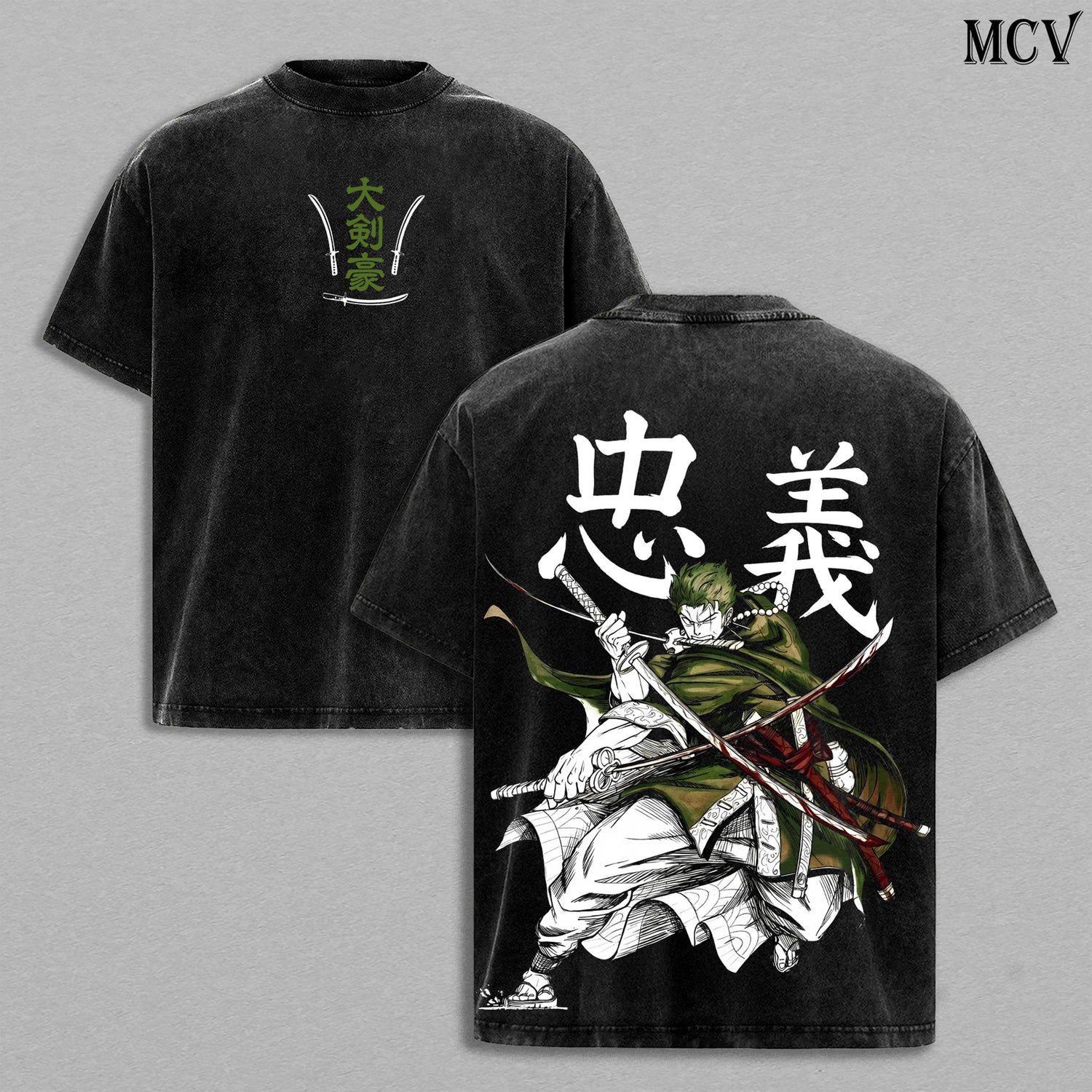 Zoro Three Sword Style Anime Vintage Washed T-Shirt, Samurai Swordsman Graphic Tee, Manga Streetwear Shirt Heavy Cotton
