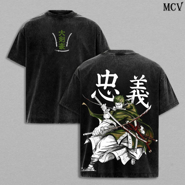 Zoro Three Sword Style Anime Vintage Washed T-Shirt, Samurai Swordsman Graphic Tee, Manga Streetwear Shirt Heavy Cotton