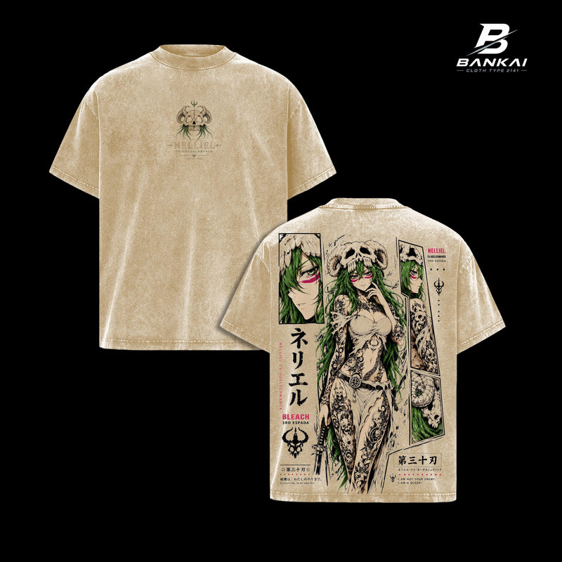 Bleach Nelliel Dark Anime Graphic T-Shirt, Premium Vintage Washed Streetwear Tee, 3rd Espada Arrancar Queen Artwork, Hollow Skull Symbol, Green Aura Manga Illustration, Japanese Style Heavy Cotton Unisex Anime Shirt