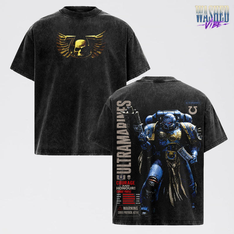 Ultramarine Space Marine Warhammer 40,000: Dawn of War IV T-Shirt, Retro Grimdark Sci-Fi Graphic Tee, Space Warrior Tabletop Gaming Streetwear, Warhammer 40K Fan Apparel, Gift for Men & Women, Video Game Shirt, Boy Merch Streetwear