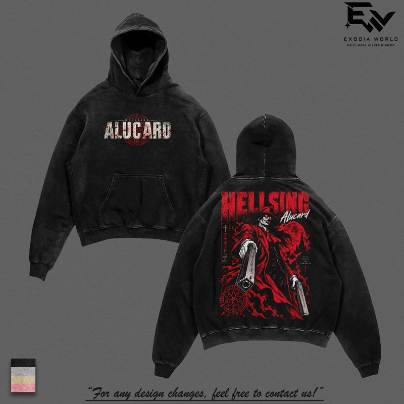 Alucard Hellsing Crimson Vampire Vintage Washed Anime Shirt, Gothic Predator Immortal Power Aura Graphic Tees Men Large Back Print Streetwear Clothes Cotton