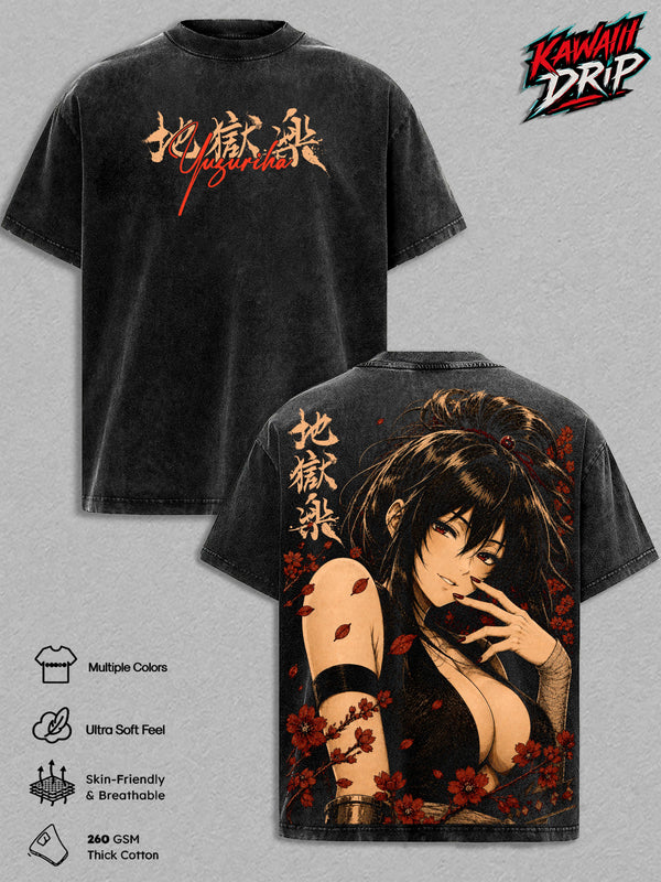 Yuzuriha Vintage Washed T Shirt Anime Graphic Tee Oversized Streetwear Cotton Tshirt Classic Menswear Clothes Apparel Gift for Hells Paradise Fans Men & Women
