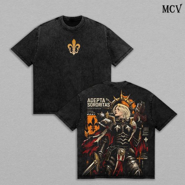 Sisters of Battle Adepta Sororitas T-Shirt, Hoodie Gothic Female Warrior Graphic Apparel, Vintage Washed Oversized Streetwear, Sci-Fi Battle Fan Gift