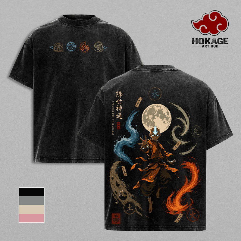 Avatar Aang Four Elements Vintage Washed T-Shirt, Avatar The Last Airbender Anime Graphic Tee, Air Water Earth Fire Bending Streetwear Oversized Shirt, Moon Spirit Unisex Heavy Cotton Tee