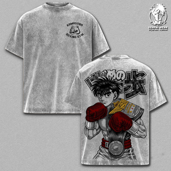 Makunouchi Ippo – Hajime no Ippo Oversize Anime Graphic Tee, Acid Washed Heavy Cotton Shirt, Vintage Manga Streetwear, Unisex Casual Wear, Anime Merch, Gift for Anime Fans
