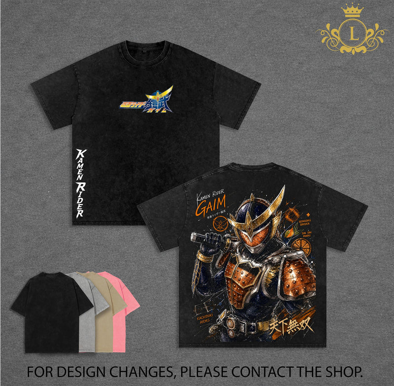 Kamen Rider Gaim Vintage Washed T Shirt, Tokusatsu Inspired Streetwear, Retro Superhero Graphic Tee, Heavyweight Cotton Oversized Shirt, Dark Aesthetic Manga Apparel, Unisex Anime Streetwear, Vintage Hero Graphic Tee, Trending Streetwear 2026