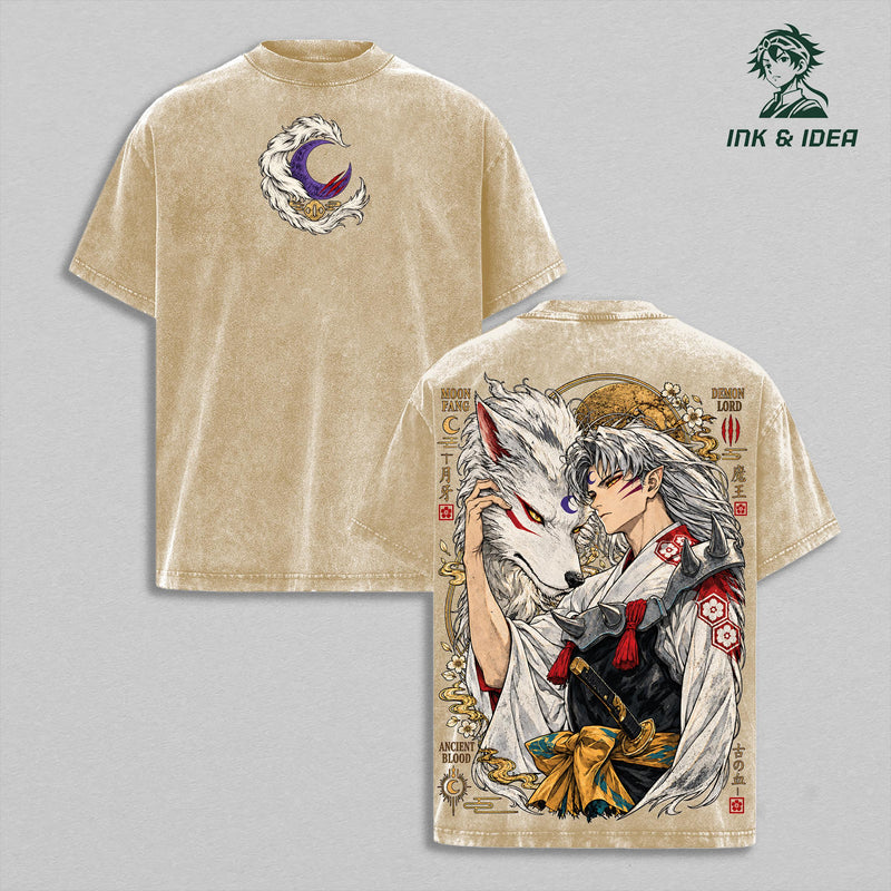 Sesshomaru Inuyasha Vintage Washed Gym T-Shirt, Demon Lord Moon Fang Double Sided Anime Graphic Tee, Oversized Heavyweight Cotton Fantasy Manga Streetwear, Unisex Fan Gift