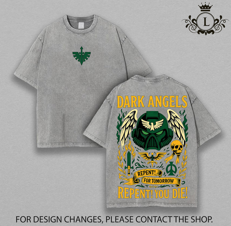 Warhammer 40K Dark Angels Washed Tee Retro Oversized TShirts Inspired by Iconic Factions and Heroes, Premium Heavy Cotton, Perfect for Wargame Fans, Sci-Fi Lovers3