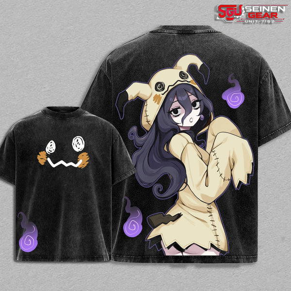 Kawaii Mimikyu Ghost Girl Vintage Washed Oversized T-Shirt Hoodie Sweatshirt, PKM Anime Graphic Tee, Cute Halloween Heavy Cotton Streetwear Gift for Anime Lovers