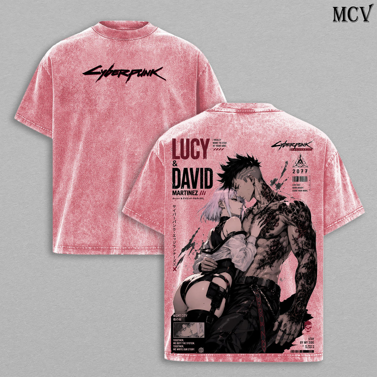 Lucy & David Cyberpunk Edgerunners Tee – Lucy & David Martinez Vintage Washed T-Shirt | Night City Lovers | Japanese Irezumi Gothic Tattoo Art | Cyberpunk Anime Manga Graphic Tee | Heavy Cotton Unisex Oversized Streetwear Top