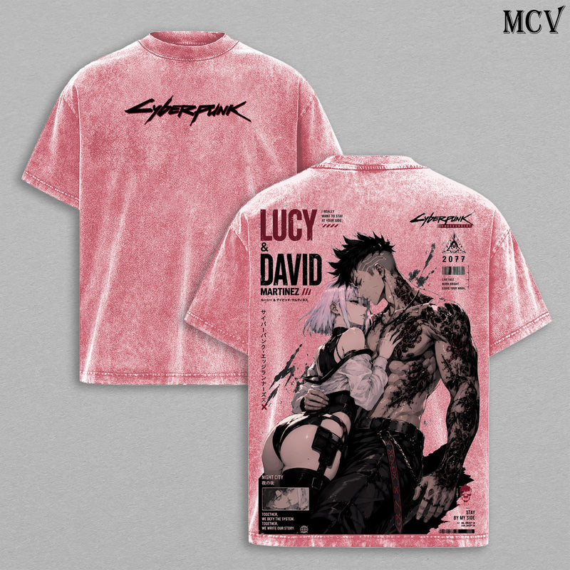 Lucy & David Cyberpunk Edgerunners Tee – Lucy & David Martinez Vintage Washed T-Shirt | Night City Lovers | Japanese Irezumi Gothic Tattoo Art | Cyberpunk Anime Manga Graphic Tee | Heavy Cotton Unisex Oversized Streetwear Top