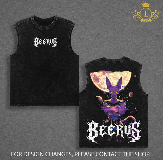 Limited Edition Beerus God of Destruction Dragon Ball Super Anime Shirt Vintage Washed Tee Black Grey Retro Graphic Powerful Divine Energy Streetwear