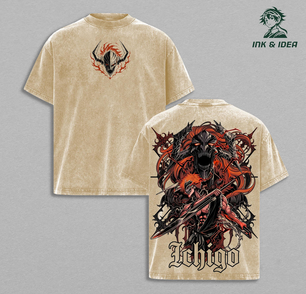 Ichigo Kurosaki Hollow Form Bleach Vintage Washed Oversized Anime Tee, Vasto Lorde Warrior Graphic Shirt, Soul Reaper Bankai Heavyweight Cotton Streetwear, Dark Manga Unisex T-Shirt, Retro Bleach Fan Gift