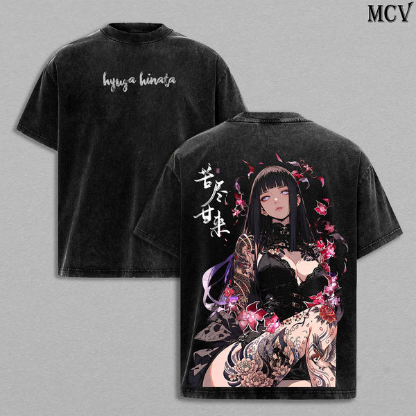 Hinata Hyuga Naruto T-Shirt – Hinata Hyuga Vintage Washed Tee, Byakugan Princess Hyuga Clan, Gothic Tattoo Art Anime Graphic T-Shirt, Heavy Cotton Oversized Streetwear for Men and Women