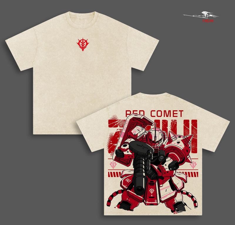 MS-06S Zaku Red – Mobile Suit Gundam Anime Double Printed Vintage Washed Tee Unisex Oversize Anime Manga Washed Heavyweight Cotton T-shirt