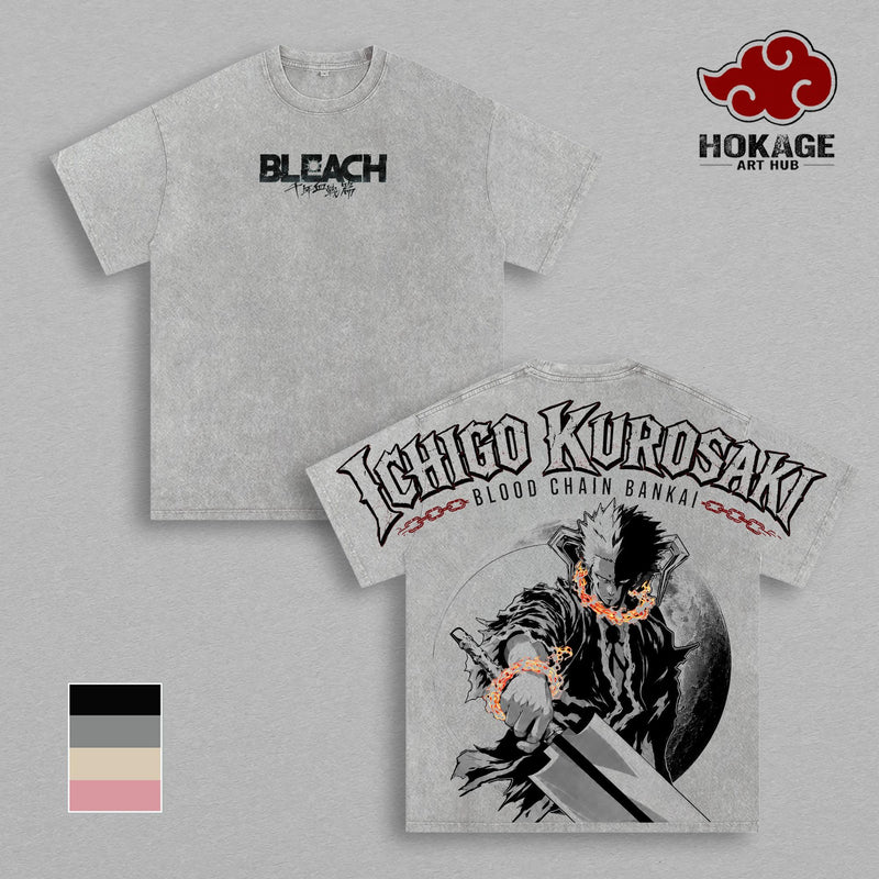 Ichigo Kurosaki Bleach T-Shirt, Blood Chain Bankai Anime Graphic Tee, Soul Reaper Manga Shirt, Back Print Vintage Anime Shirt, Graphic Tees Men, Trendy Tshirts, Men’s T Shirts, Bleach Streetwear, Unisex Cotton Distressed Tee, Anime Merch