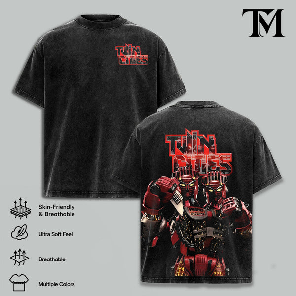 Real Steel Twin Cities Graphic Tee, Apparel with Double Print, Oversize Lightweight Acid-Washed Cotton, Casual Classic Seamless Shortsleeve Movies Films Streetwear Top Gift for movie fans