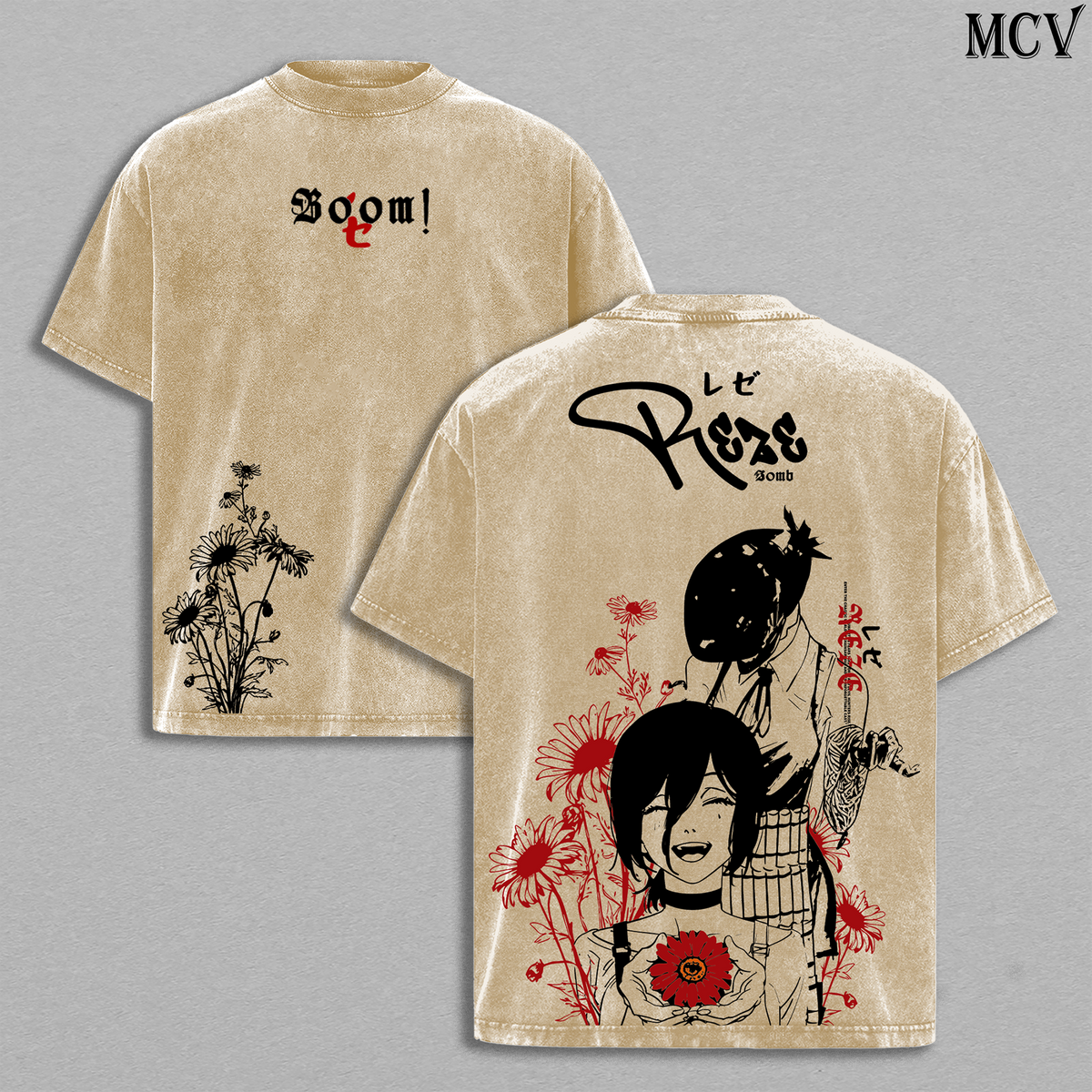Flower Bomb Girl Reze – Chainsaw Man Vintage Washed Anime Streetwear T-Shirt
