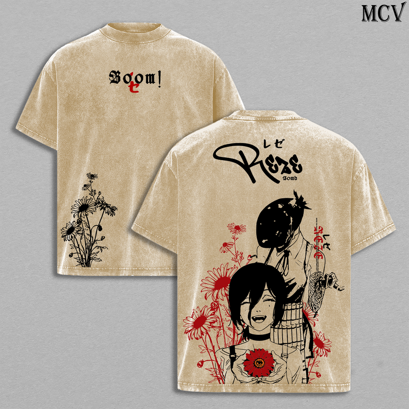 Flower Bomb Girl Reze – Chainsaw Man Vintage Washed Anime Streetwear T-Shirt