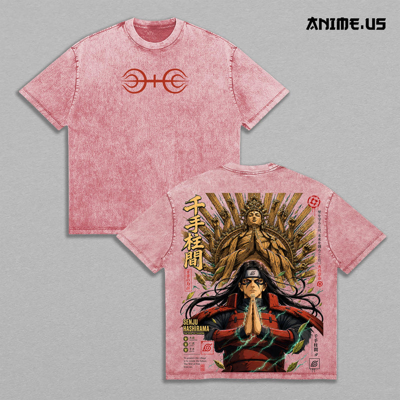 Hashirama Senju Naruto Shippuden Vintage Washed T-Shirt, First Hokage God of Shinobi Wood Style Thousand Hands Jutsu Anime Graphic Tee, Oversized Streetwear